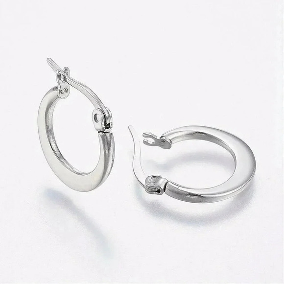 Surgical Stainless Steel Bladed Round 16x14mm Silver Hoop Earrings - Picture 1 of 2